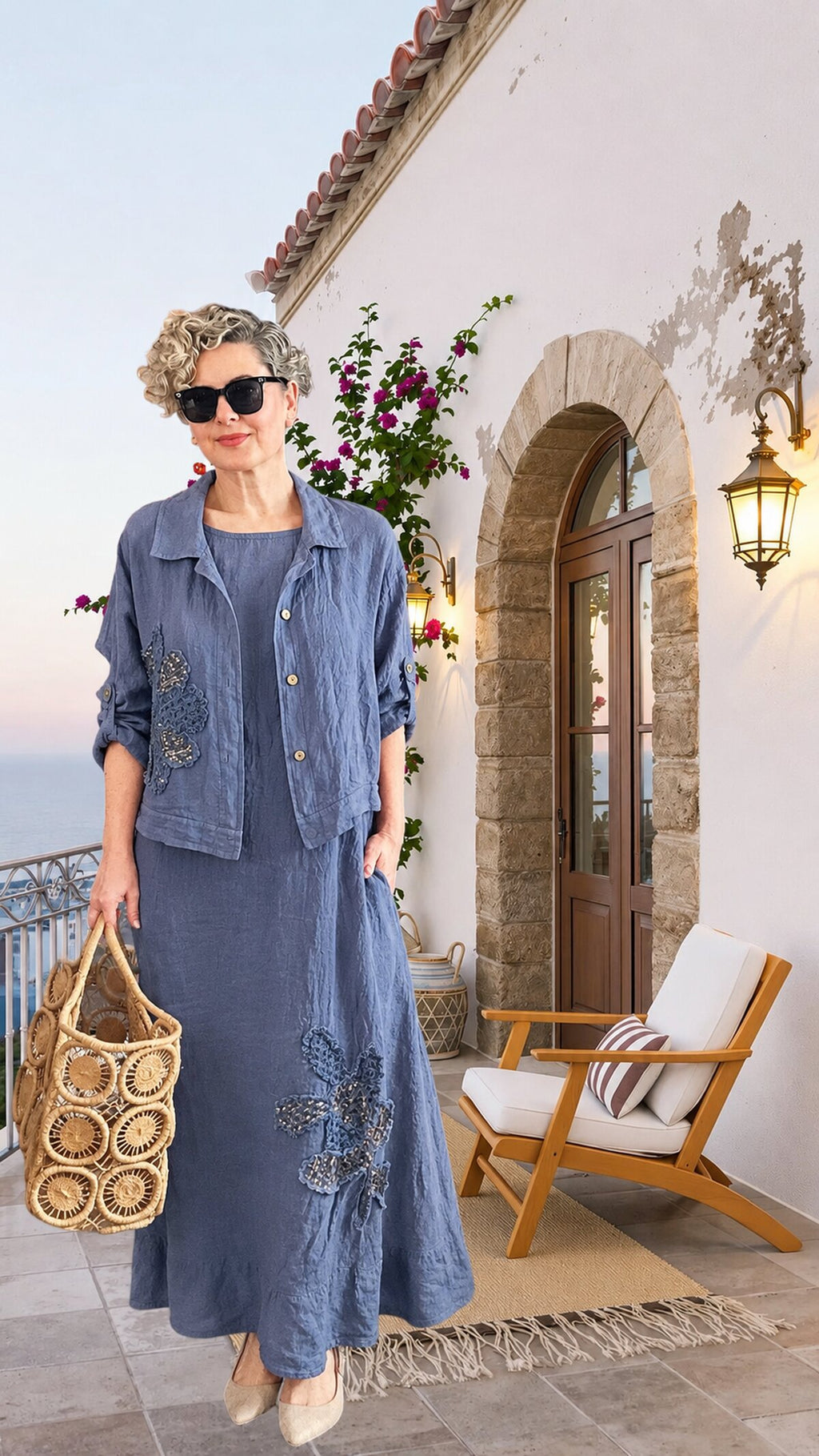 Kubba İthal %100 Linen Ceket & Kolsuz Elbise Takımı Papatya İndigo