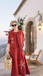 Kubba İthal %100 Linen Ceket & Kolsuz Elbise Takımı Papatya Kiremit