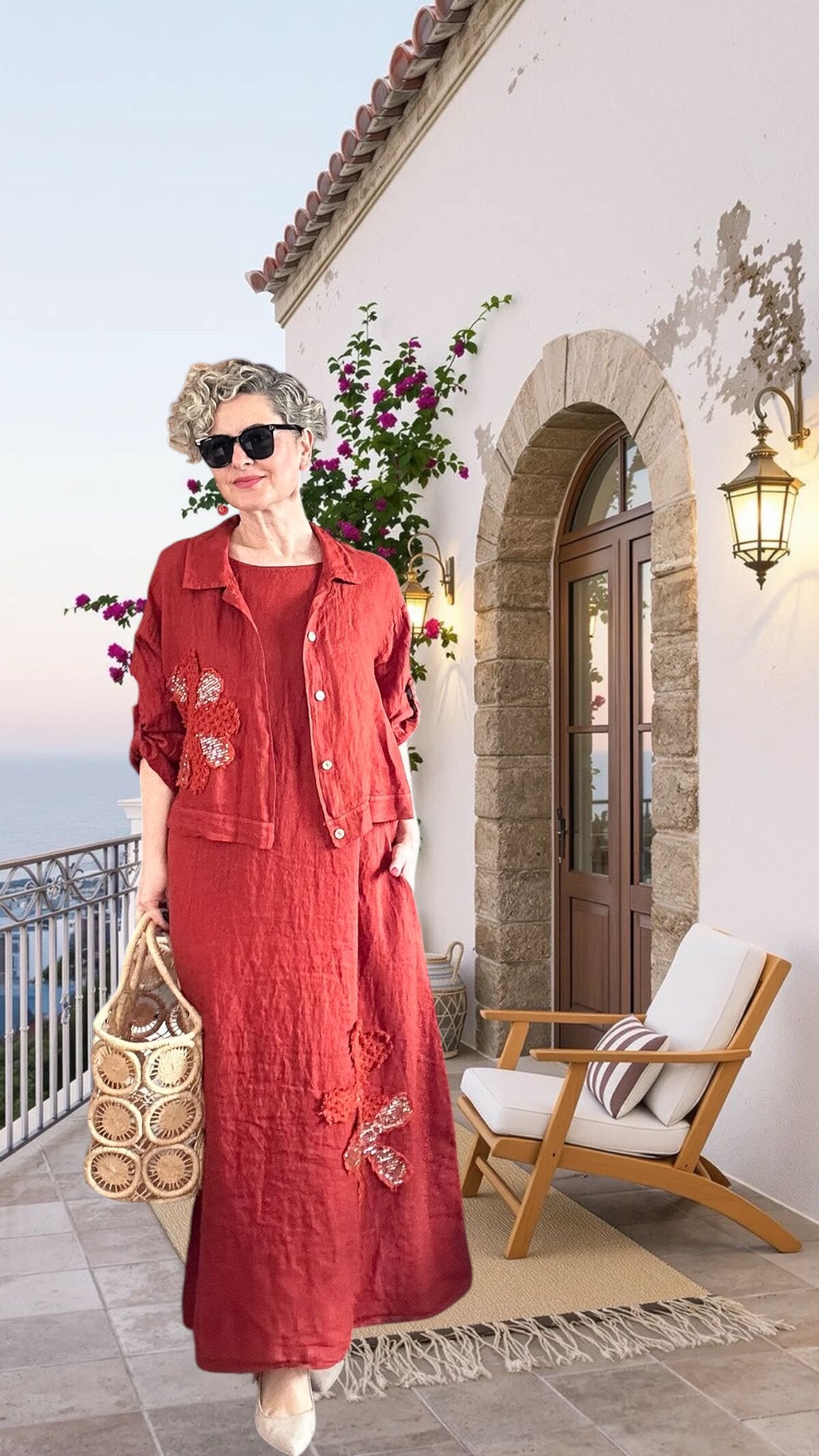 Kubba İthal %100 Linen Ceket & Kolsuz Elbise Takımı Papatya Kiremit