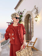 Kubba İthal %100 Linen Ceket & Kolsuz Elbise Takımı Papatya Kiremit