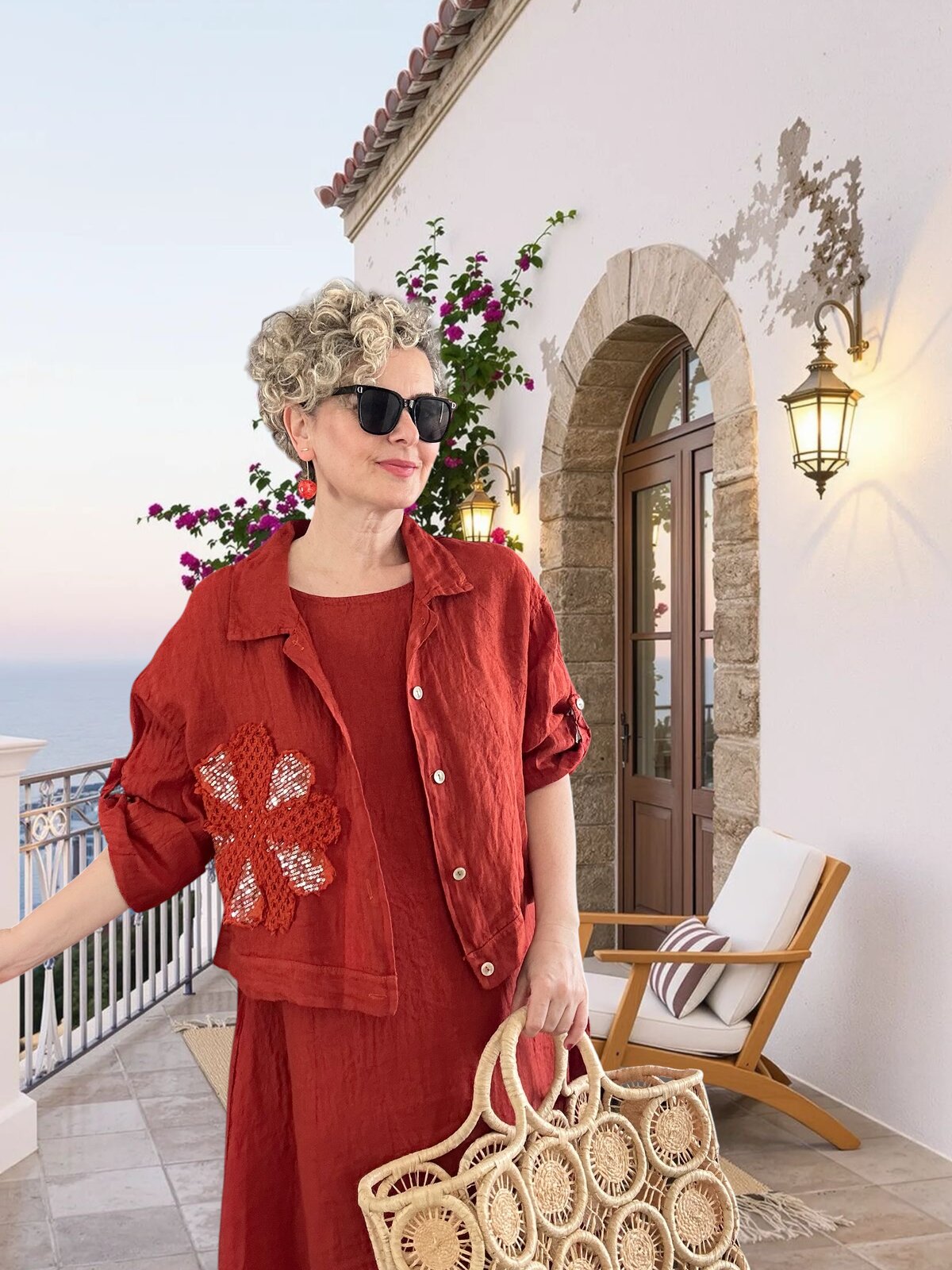 Kubba İthal %100 Linen Ceket & Kolsuz Elbise Takımı Papatya Kiremit