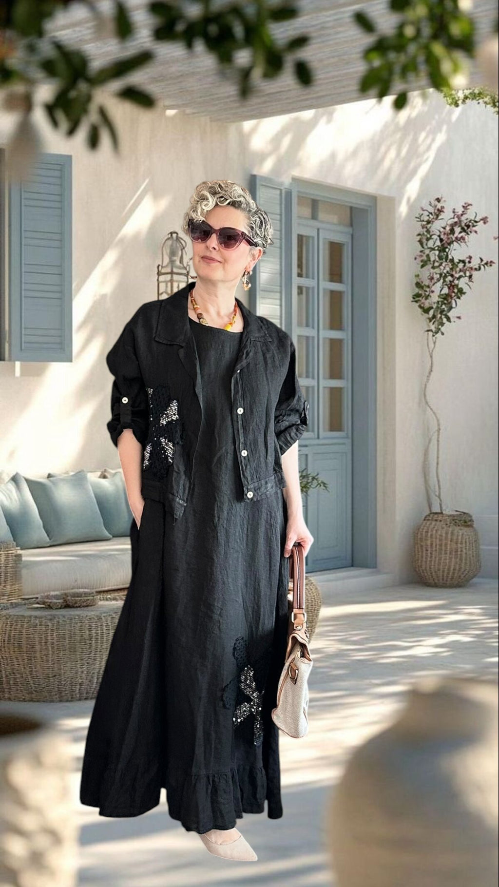 Kubba İthal %100 Linen Ceket & Kolsuz Elbise Takımı Papatya Siyah