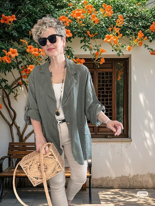 Lesso İtalyan Blazer Keten Ceket Haki Yeşil