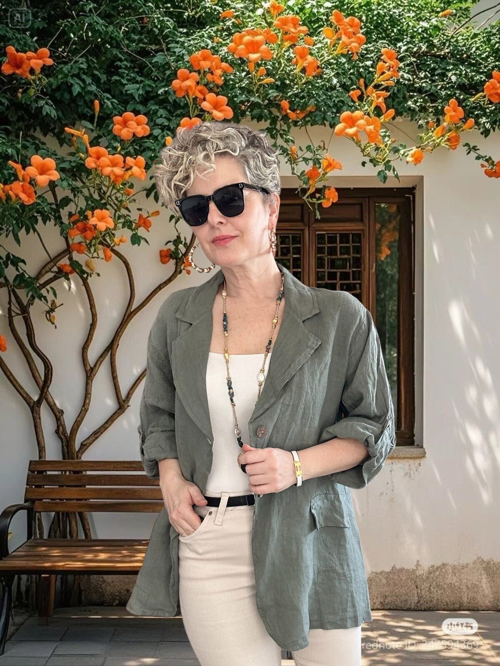 Lesso İtalyan Blazer Keten Ceket Haki Yeşil
