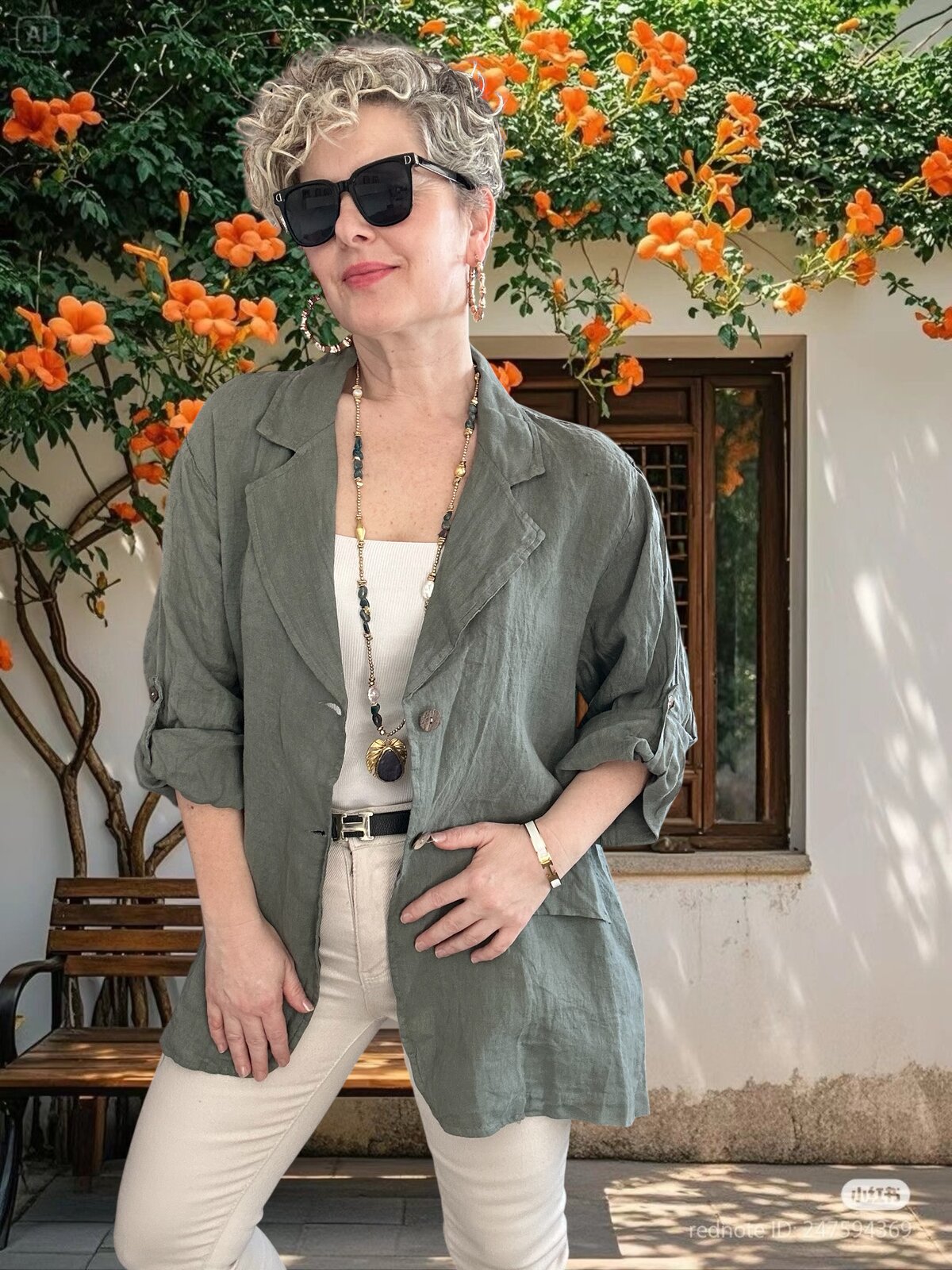 Lesso İtalyan Blazer Keten Ceket Haki Yeşil