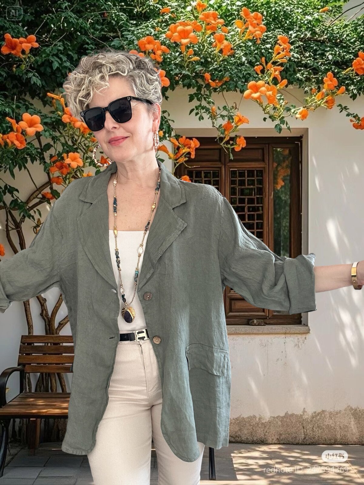 Lesso İtalyan Blazer Keten Ceket Haki Yeşil