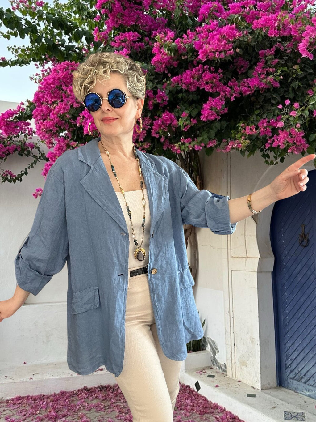 Lesso İtalyan Blazer Keten Ceket Jeans Mavi