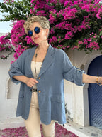 Lesso İtalyan Blazer Keten Ceket Jeans Mavi