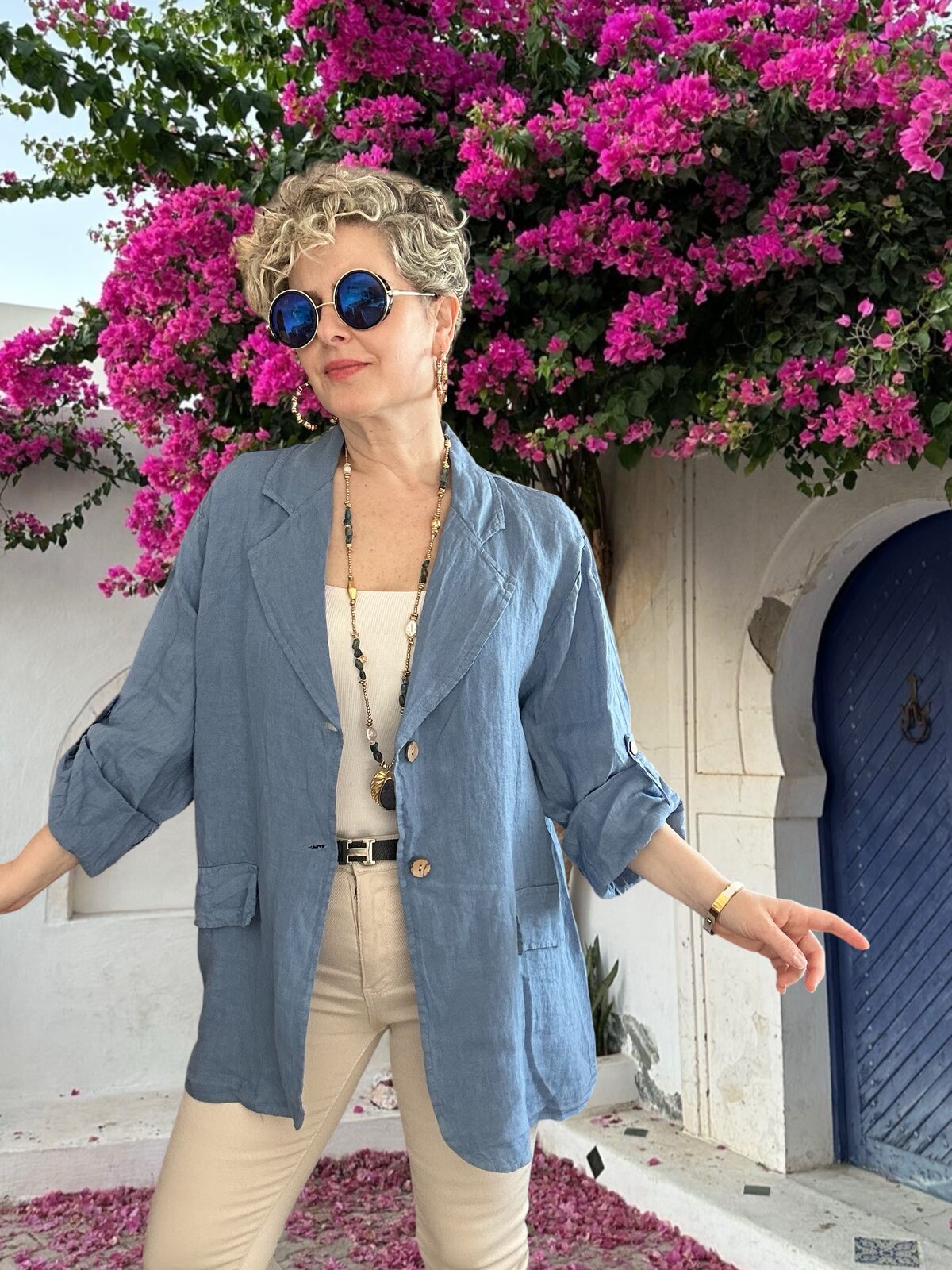 Lesso İtalyan Blazer Keten Ceket Jeans Mavi
