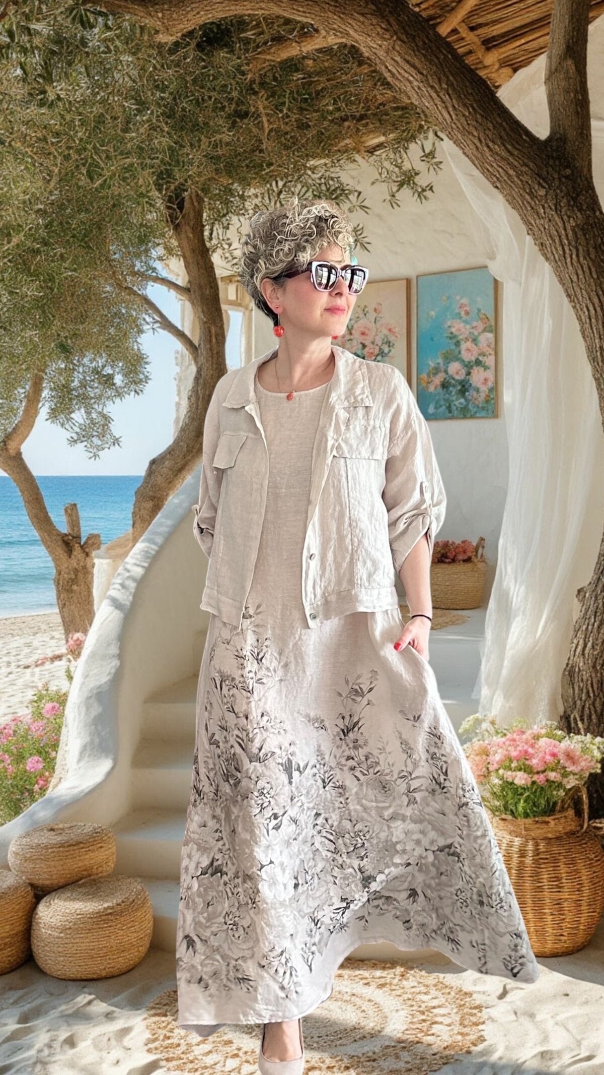 Lunera | İthal %100 Linen Ceket & Desenli Maksi Elbise Takımı Bej
