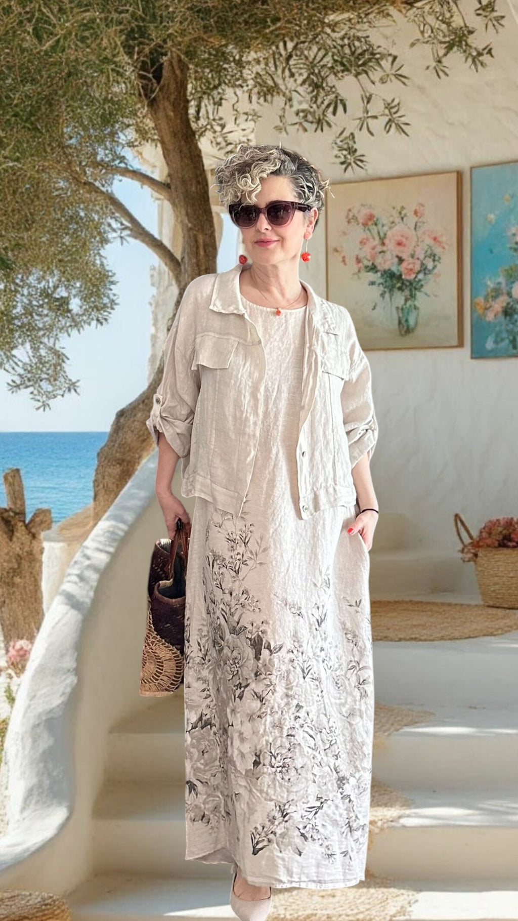 Lunera | İthal %100 Linen Ceket & Desenli Maksi Elbise Takımı Bej