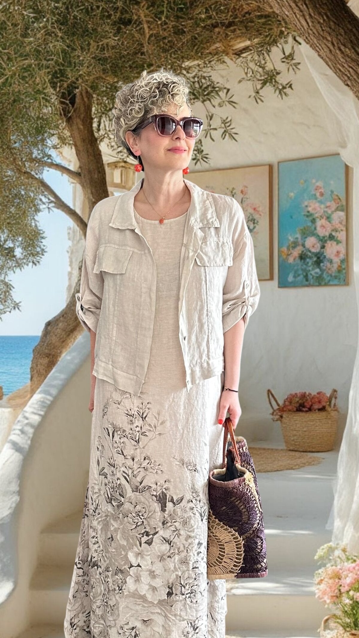 Lunera | İthal %100 Linen Ceket & Desenli Maksi Elbise Takımı Bej
