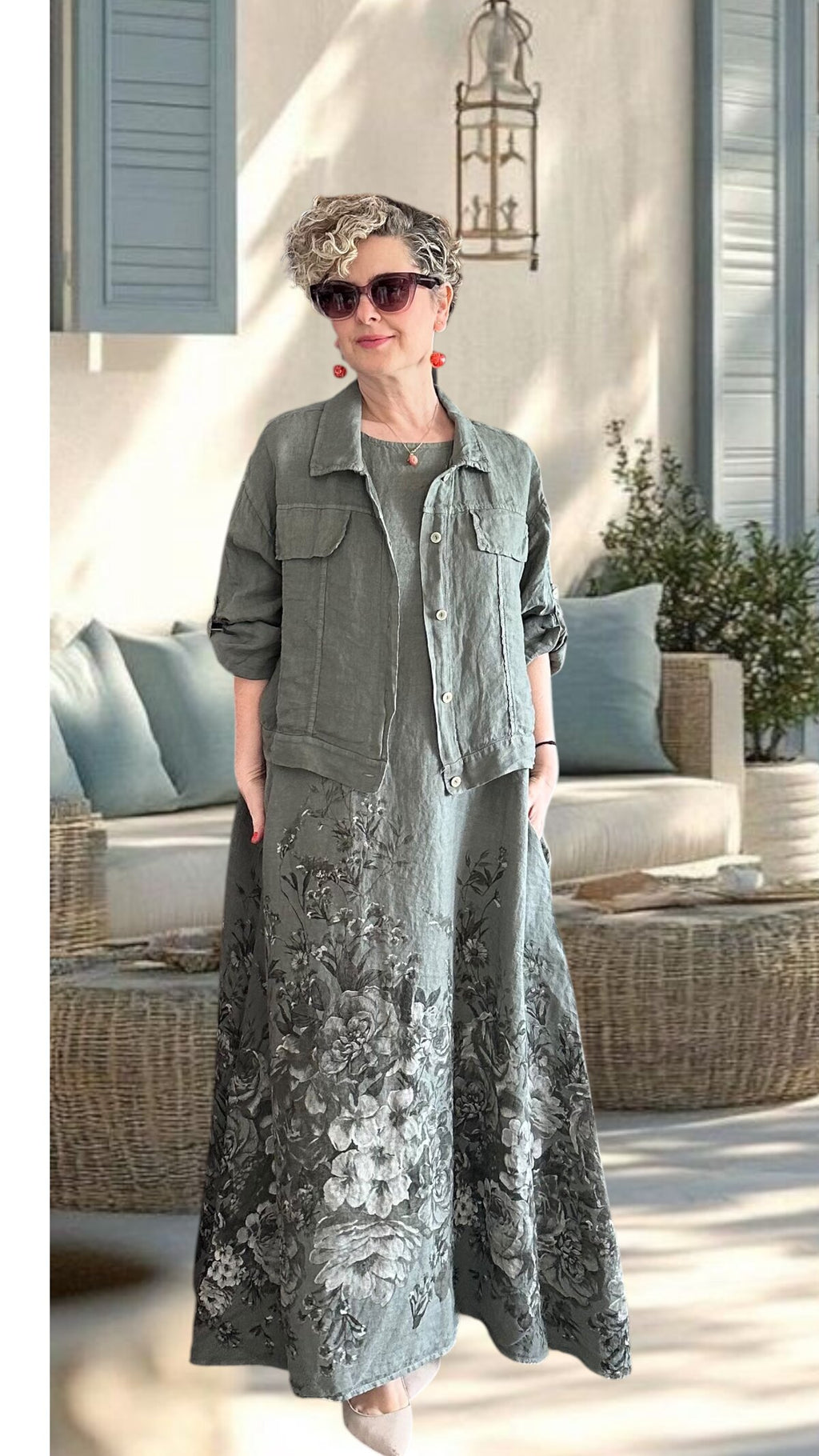 Lunera | İthal %100 Linen Ceket & Desenli Maksi Elbise Takımı Haki