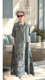 Lunera | İthal %100 Linen Ceket & Desenli Maksi Elbise Takımı Haki