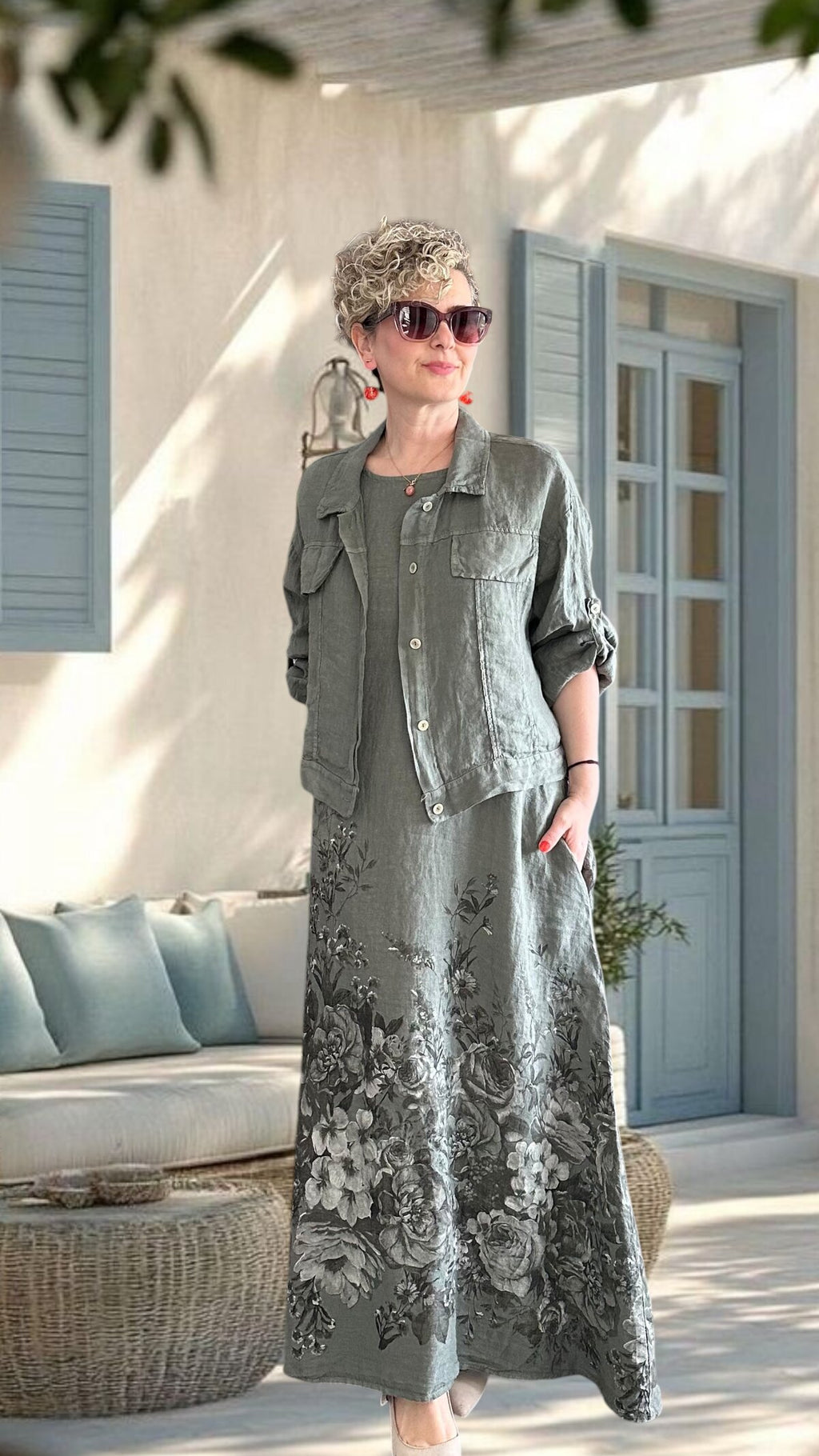 Lunera | İthal %100 Linen Ceket & Desenli Maksi Elbise Takımı Haki