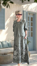 Lunera | İthal %100 Linen Ceket & Desenli Maksi Elbise Takımı Haki