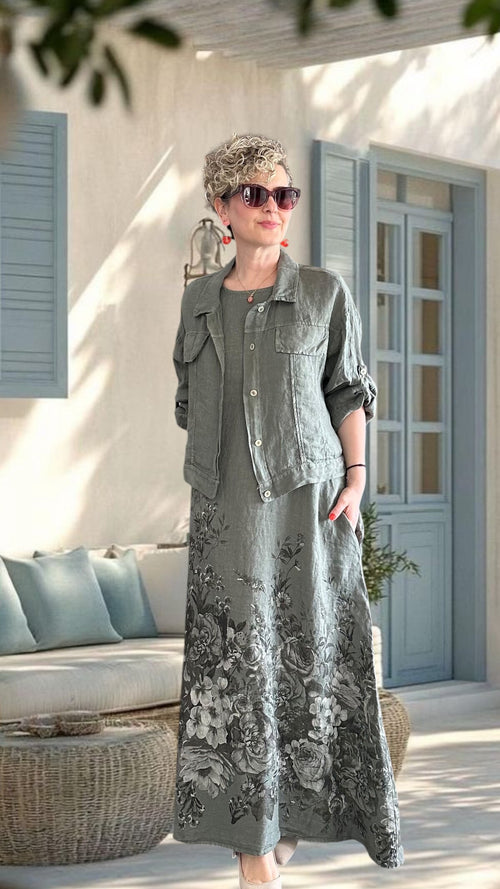 Lunera | İthal %100 Linen Ceket & Desenli Maksi Elbise Takımı Haki