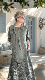 Lunera | İthal %100 Linen Ceket & Desenli Maksi Elbise Takımı Haki