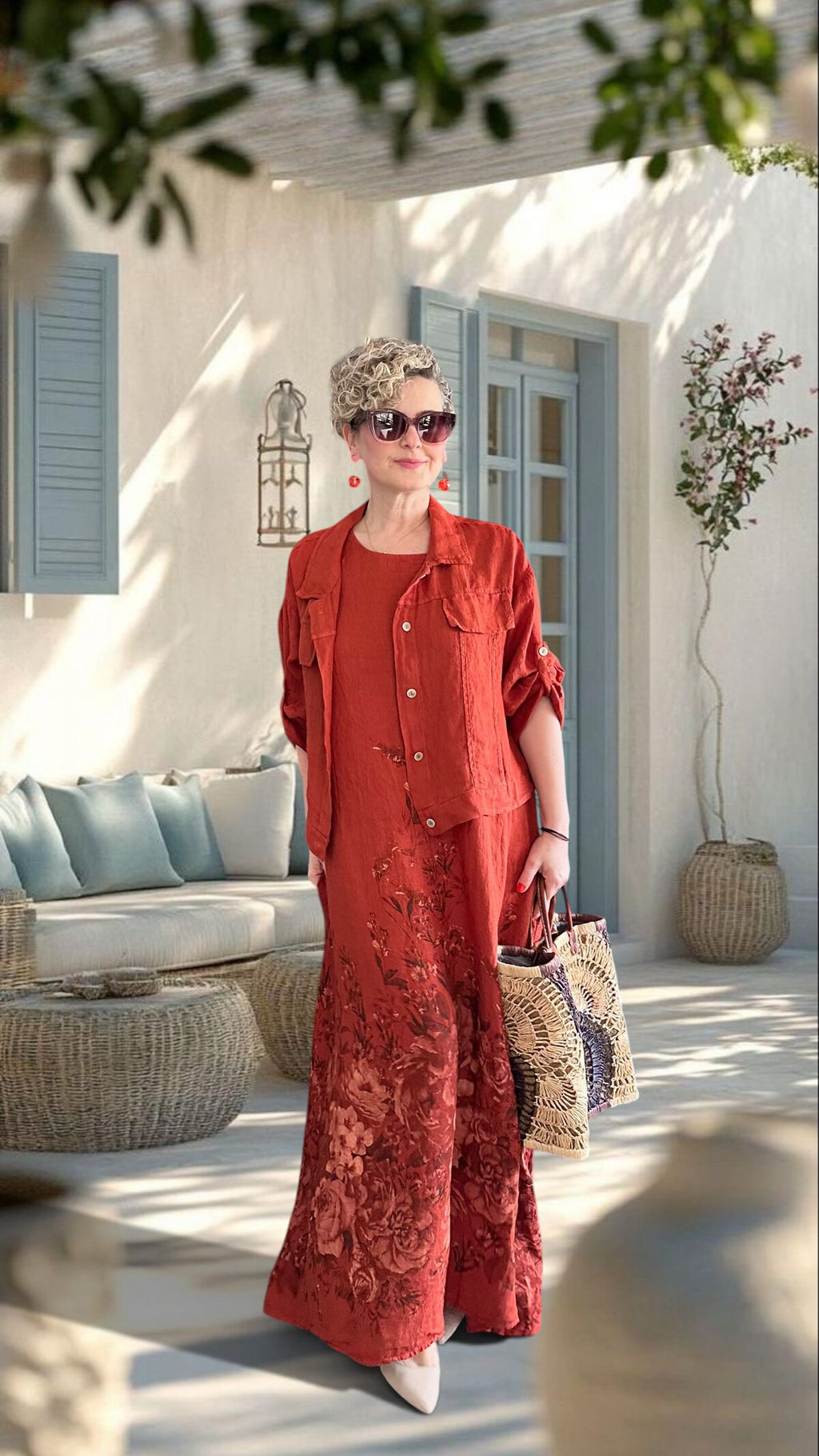 Lunera | İthal %100 Linen Ceket & Desenli Maksi Elbise Takımı Tarçın