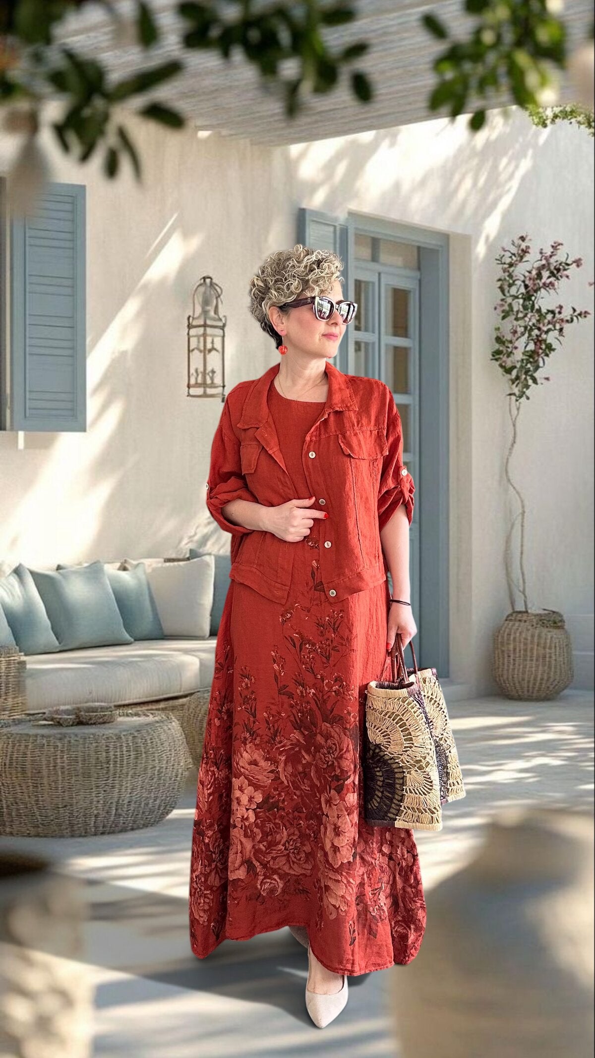 Lunera | İthal %100 Linen Ceket & Desenli Maksi Elbise Takımı Tarçın