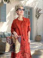 Lunera | İthal %100 Linen Ceket & Desenli Maksi Elbise Takımı Tarçın