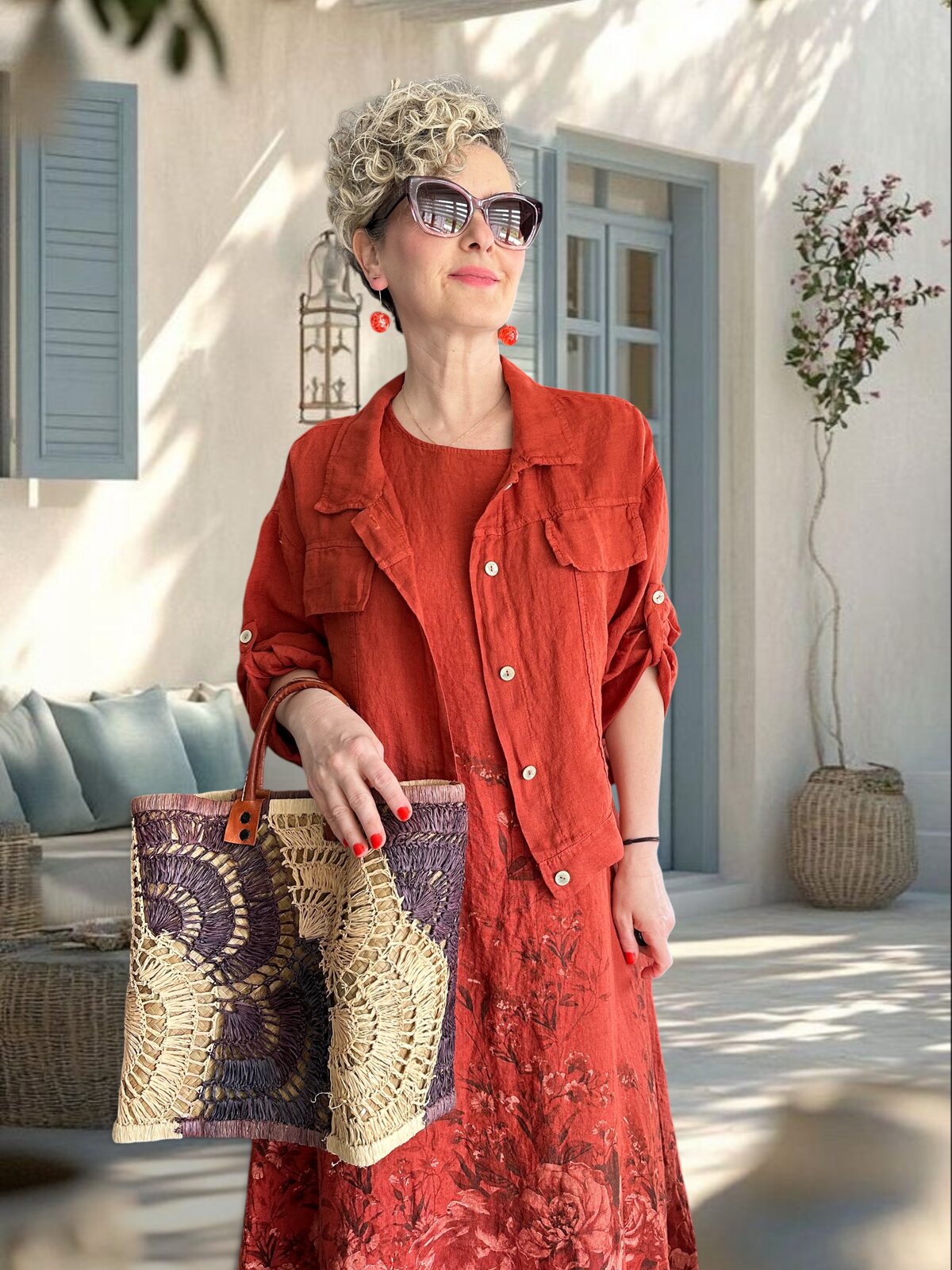 Lunera | İthal %100 Linen Ceket & Desenli Maksi Elbise Takımı Tarçın