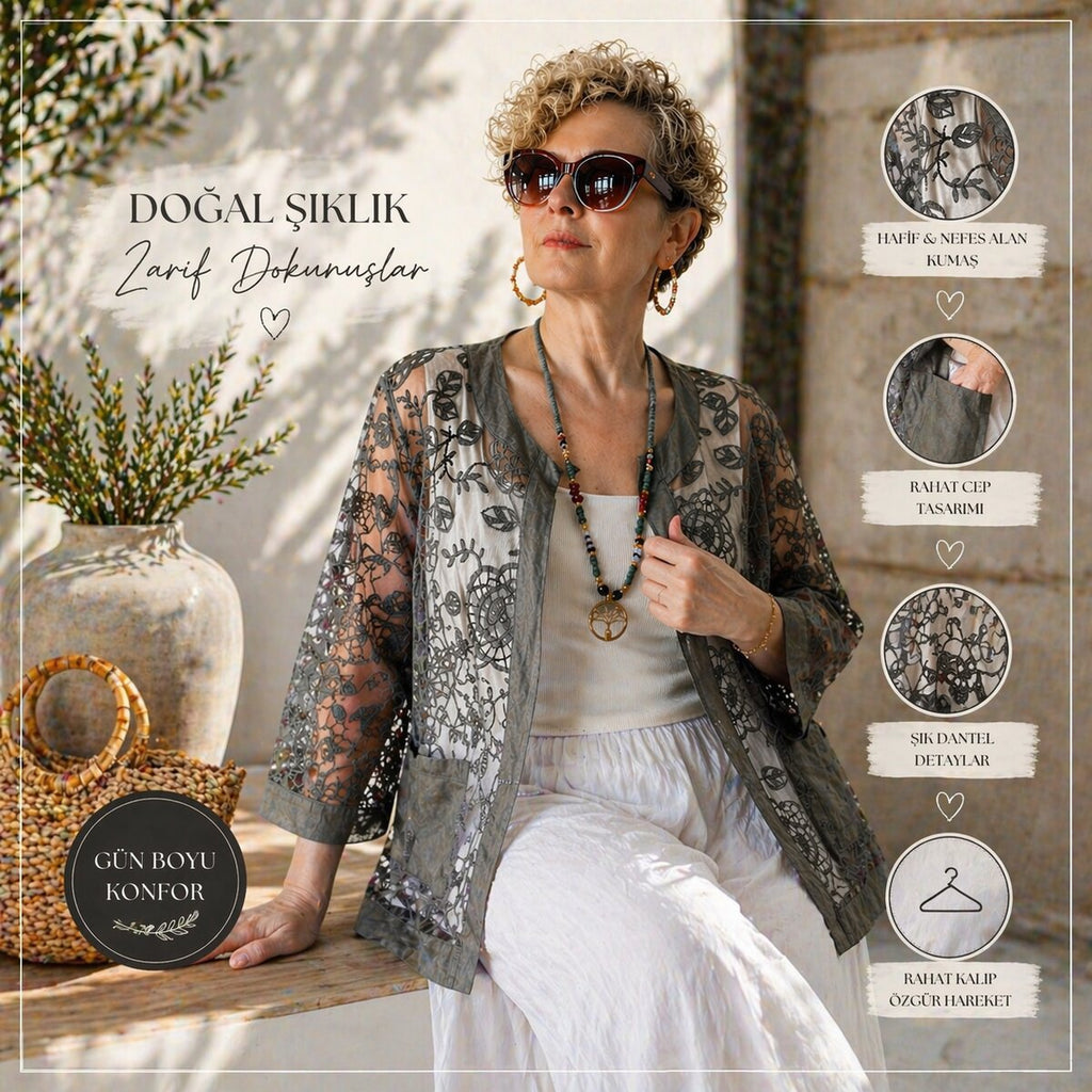 Lunna İtalyan Dantel Nakışlı Ceket Gri