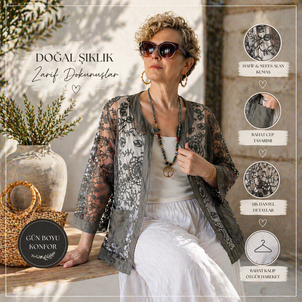 Lunna İtalyan Dantel Nakışlı Ceket Gri