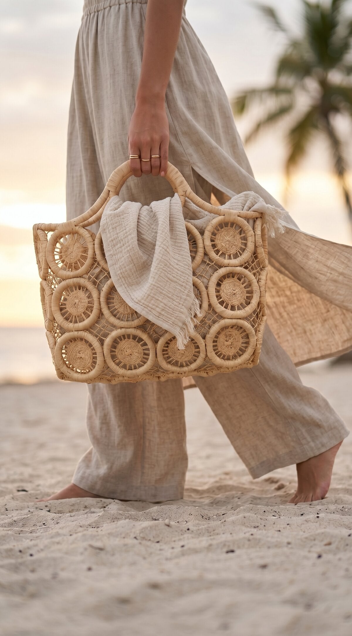 Topchoice Büyük %100 El Örgüsü Hasır Dantel Stil Çanta