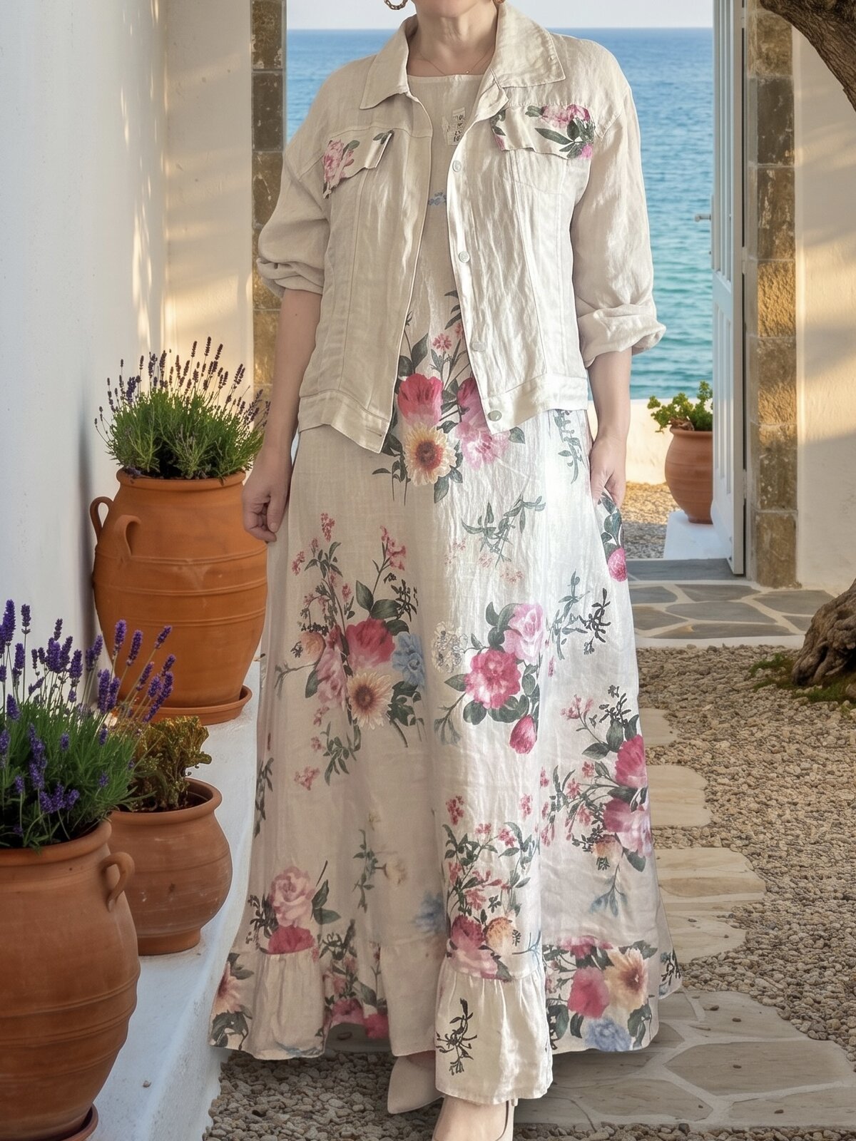 Mengotti | İthal %100 Linen Ceket & Kolsuz Elbise Takımı Beige