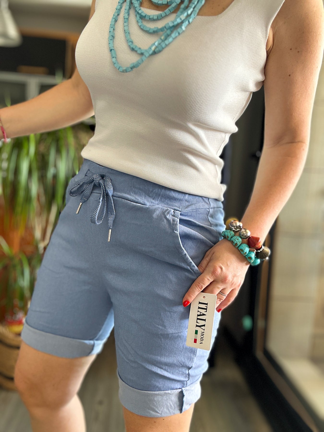Menton  İtalyan Stil Likralı Şort Jeans Mavi