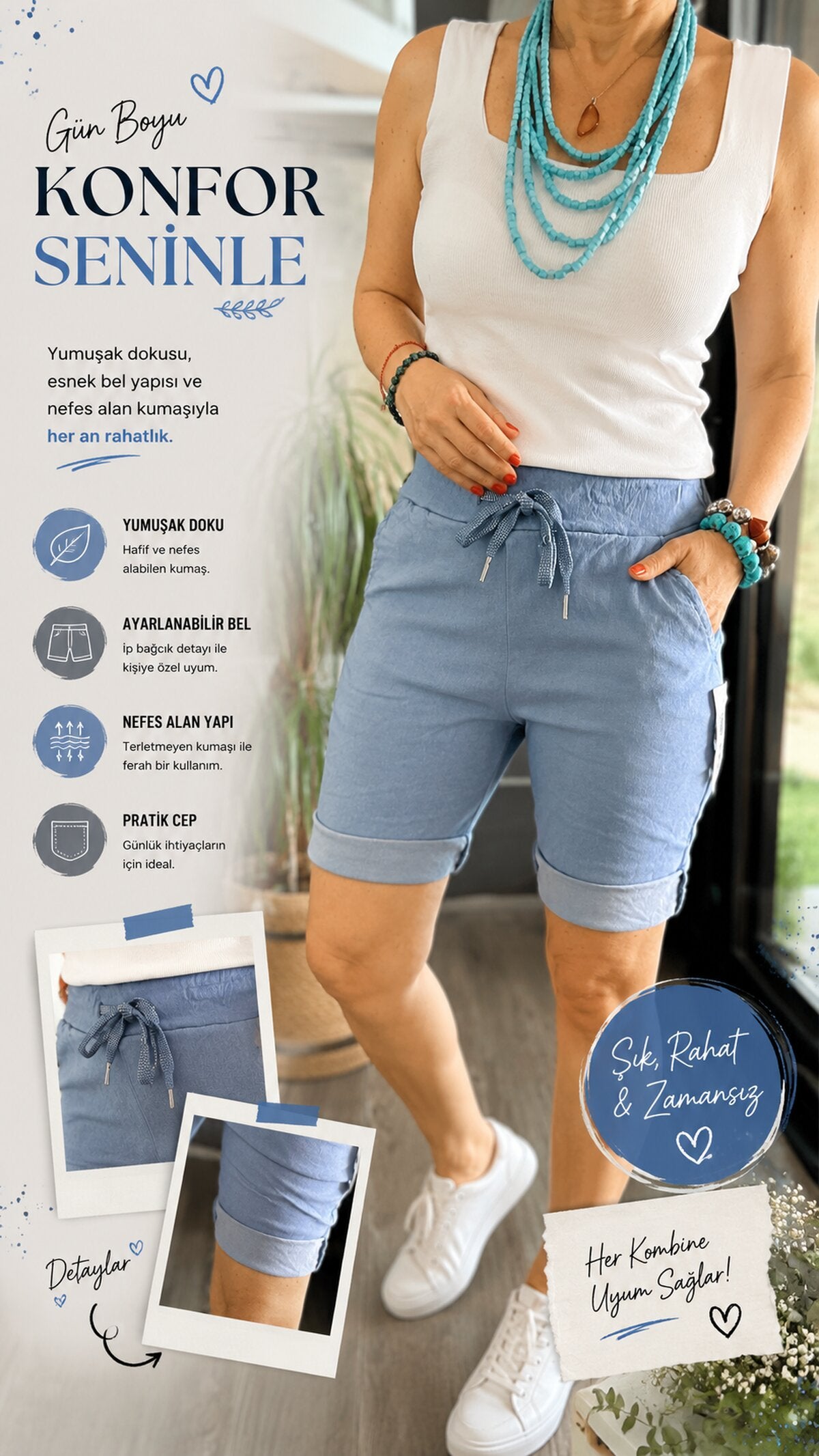 Menton  İtalyan Stil Likralı Şort Jeans Mavi