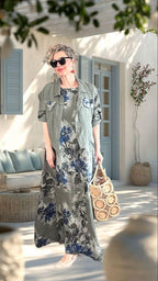 Mikka İthal %100 Linen Ceket & Kolsuz Elbise Takımı Haki