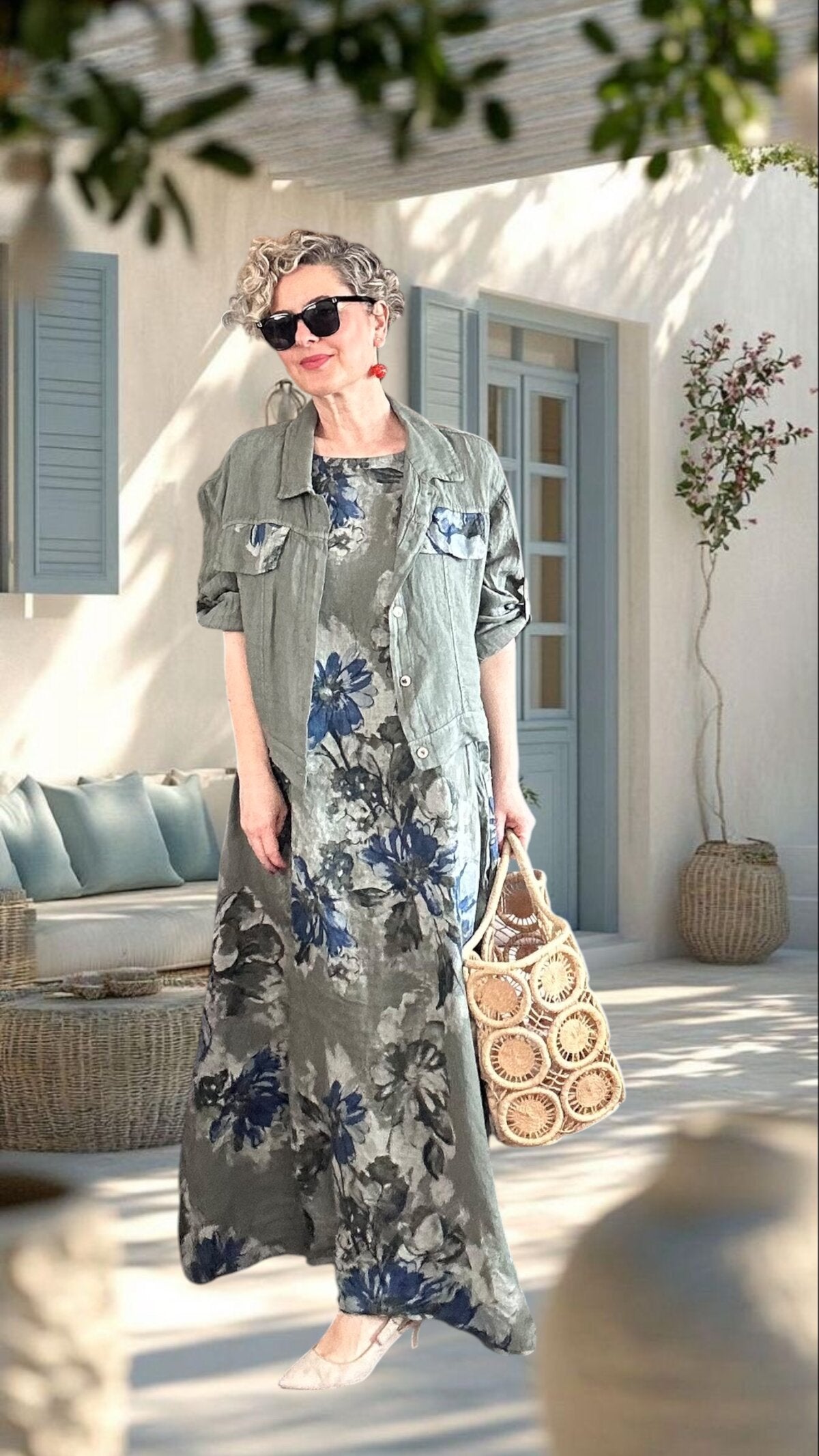 Mikka İthal %100 Linen Ceket & Kolsuz Elbise Takımı Haki
