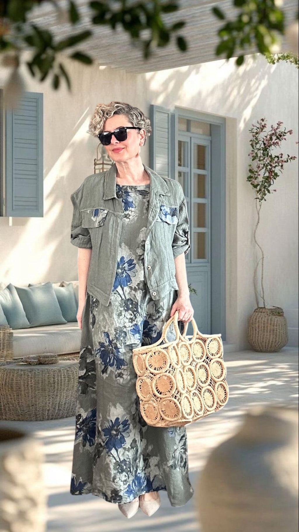 Mikka İthal %100 Linen Ceket & Kolsuz Elbise Takımı Haki