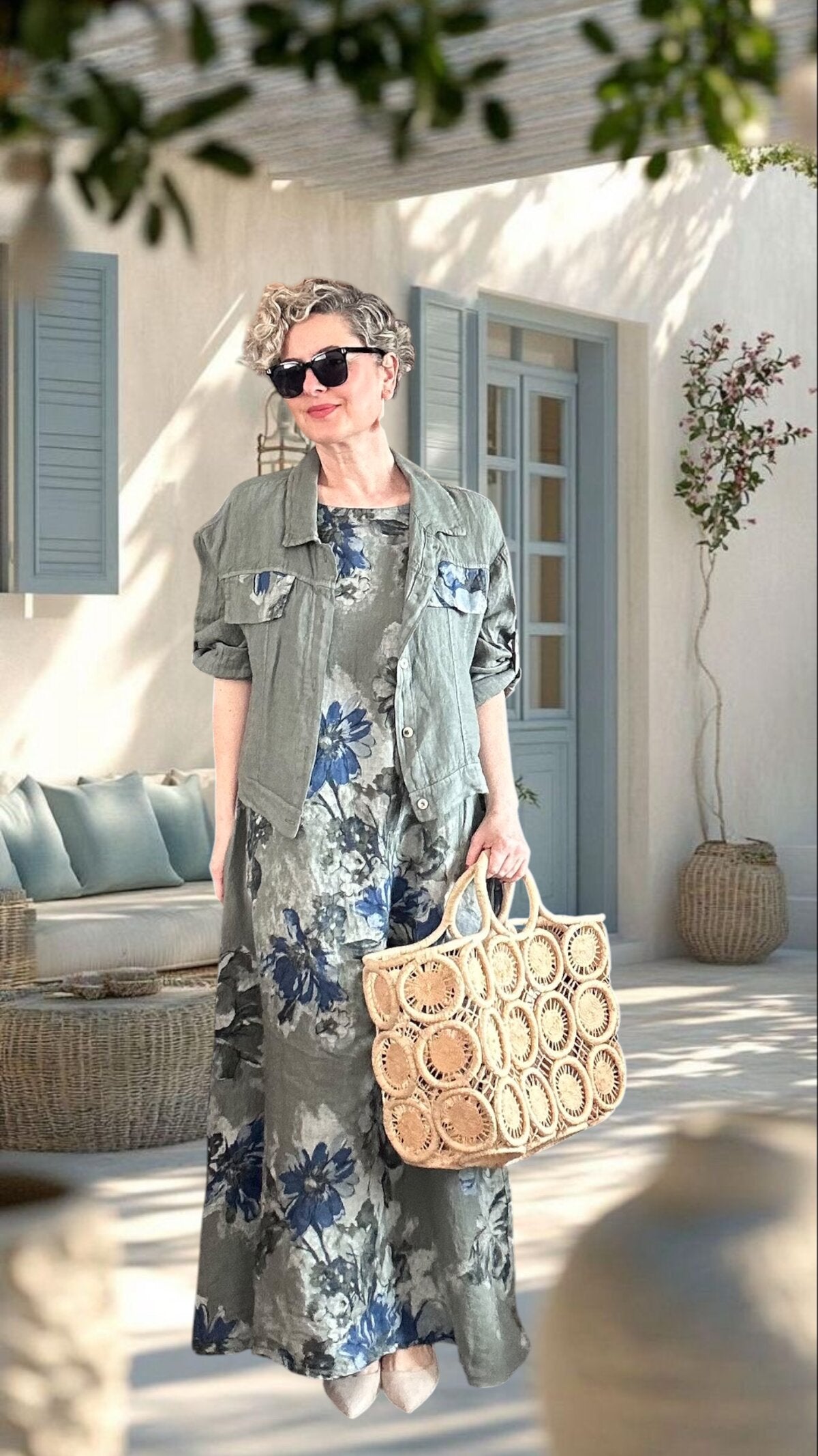 Mikka İthal %100 Linen Ceket & Kolsuz Elbise Takımı Haki
