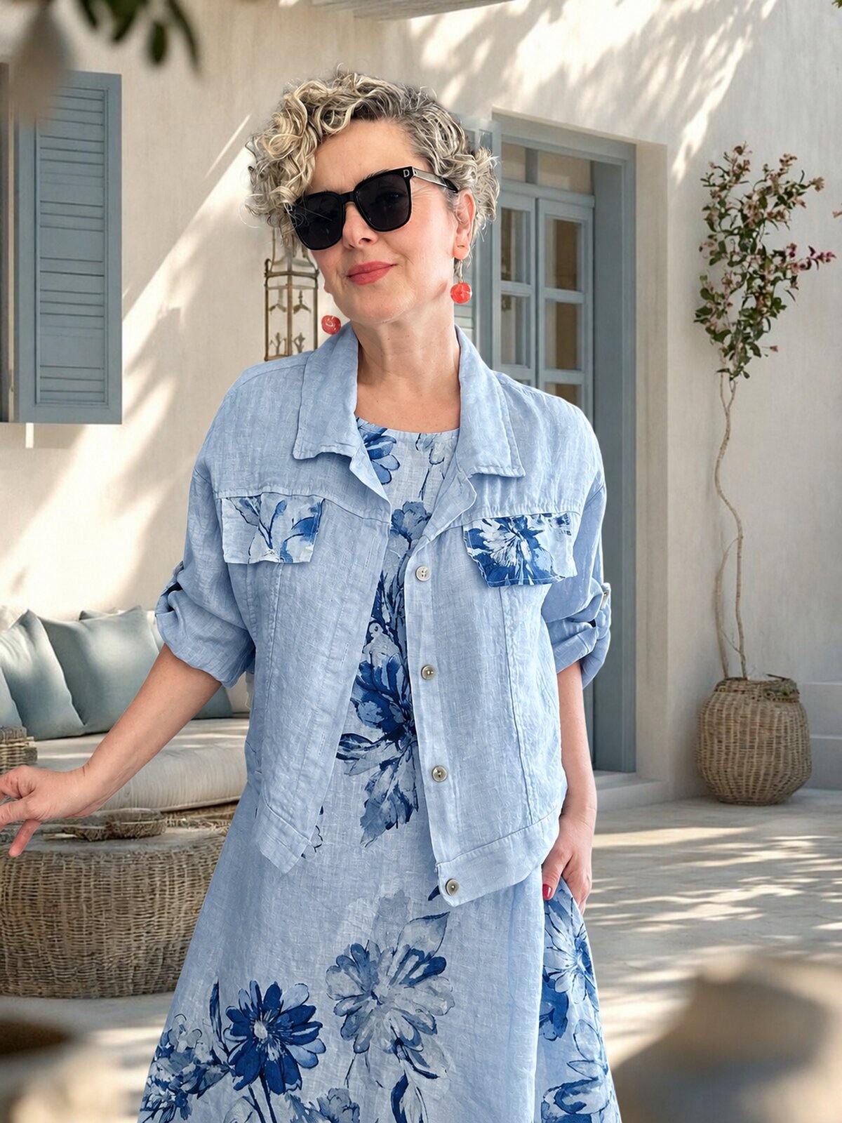 Mikka İthal %100 Linen Ceket & Kolsuz Elbise Takımı Bebe Mavi