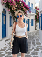 Mira | İtalyan Kemerli %100 Linen Şort Siyah