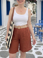 Mira | İtalyan Kemerli %100 Linen Şort Taba