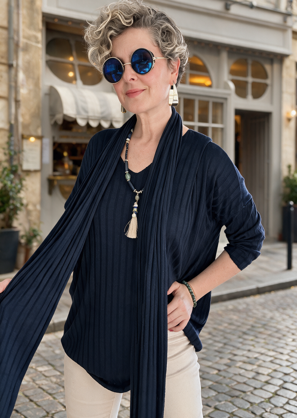 Rossi İtalyan Fularlı Tasarım Triko Bluz Navy görsel 2
