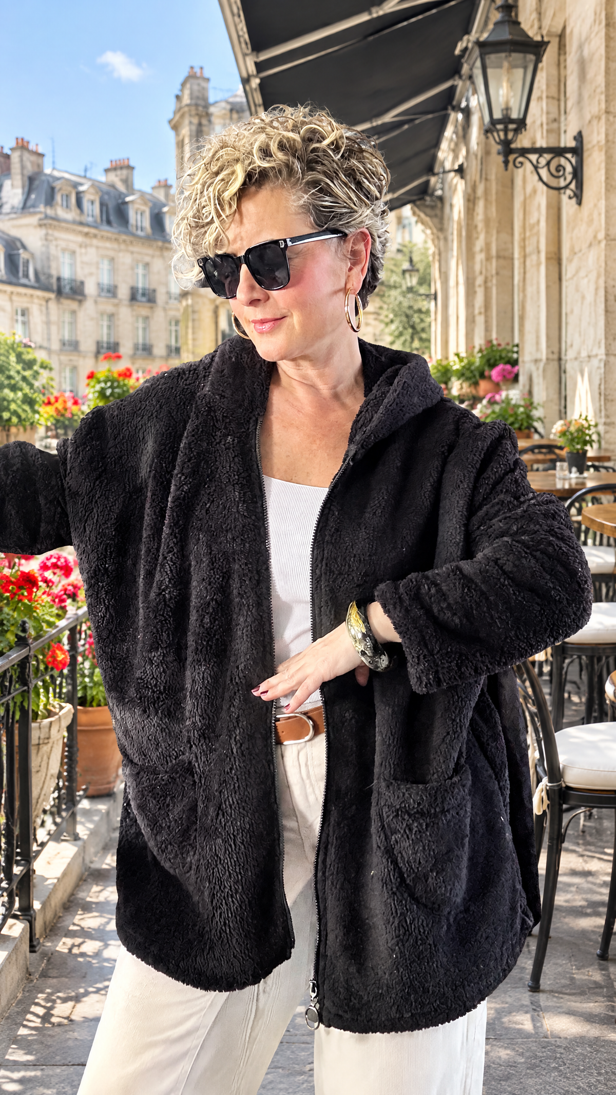 Nessa | Kapüşonlu Oversize Polar Peluş Hırka Siyah görsel 4