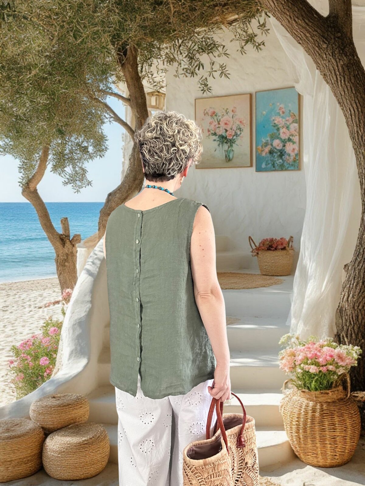 Nuvvo İthal %100 Linen Sırt Düğmeli Asimetrik Bluz Haki