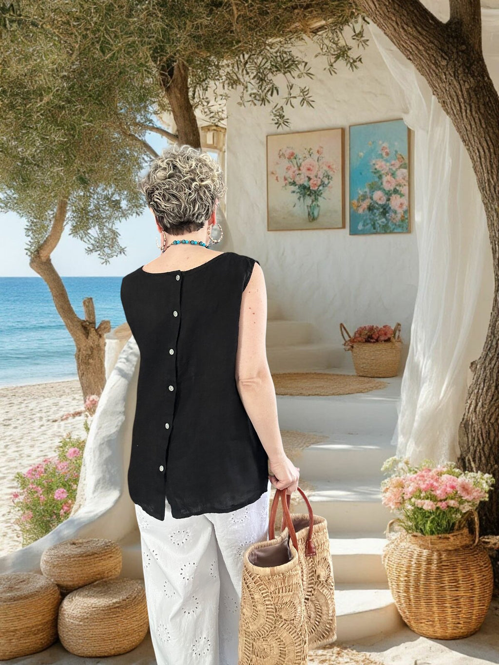Nuvvo İthal %100 Linen Sırt Düğmeli Asimetrik Bluz Siyah