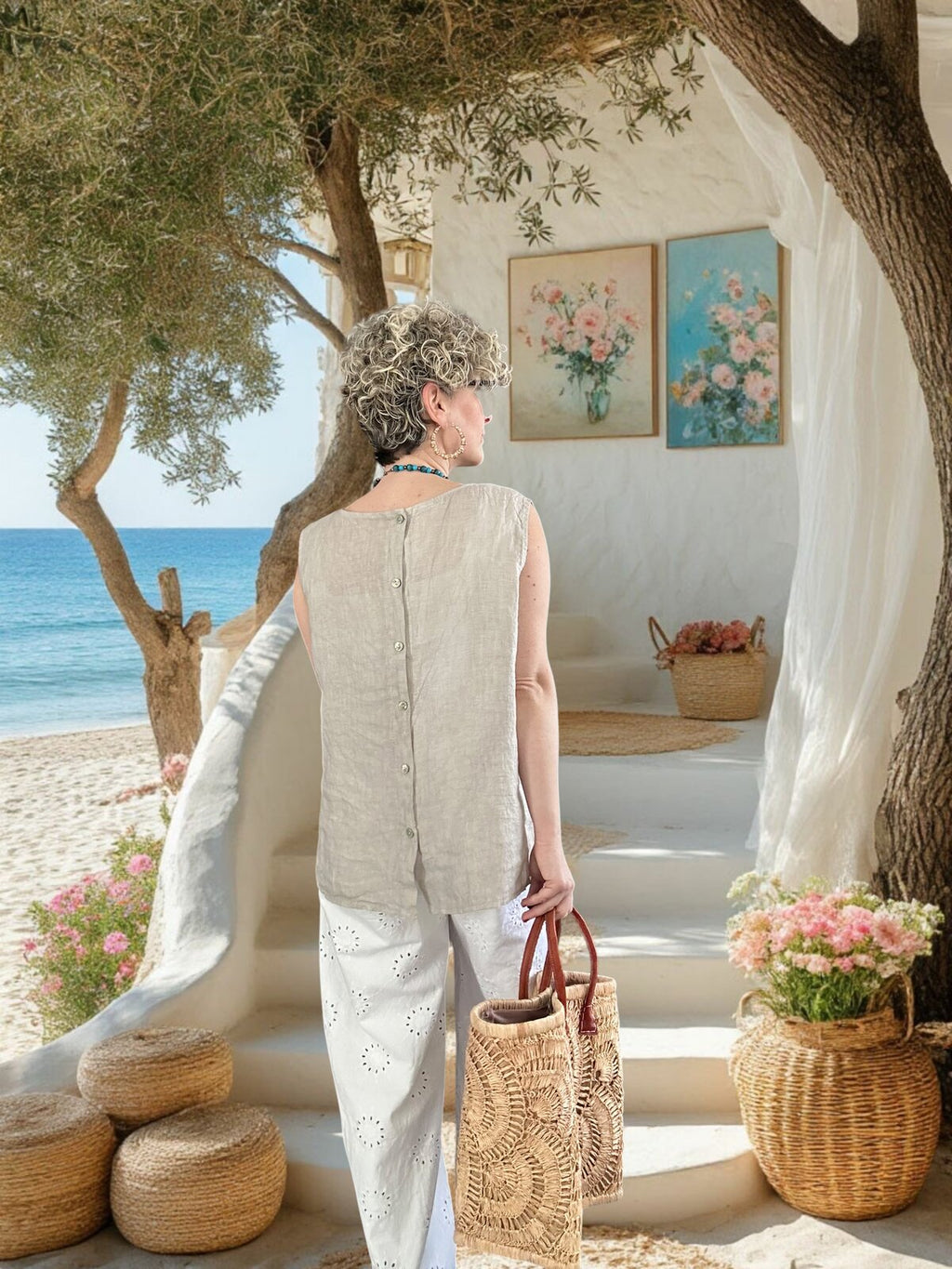 Nuvvo İthal %100 Linen Sırt Düğmeli Asimetrik Bluz Taş
