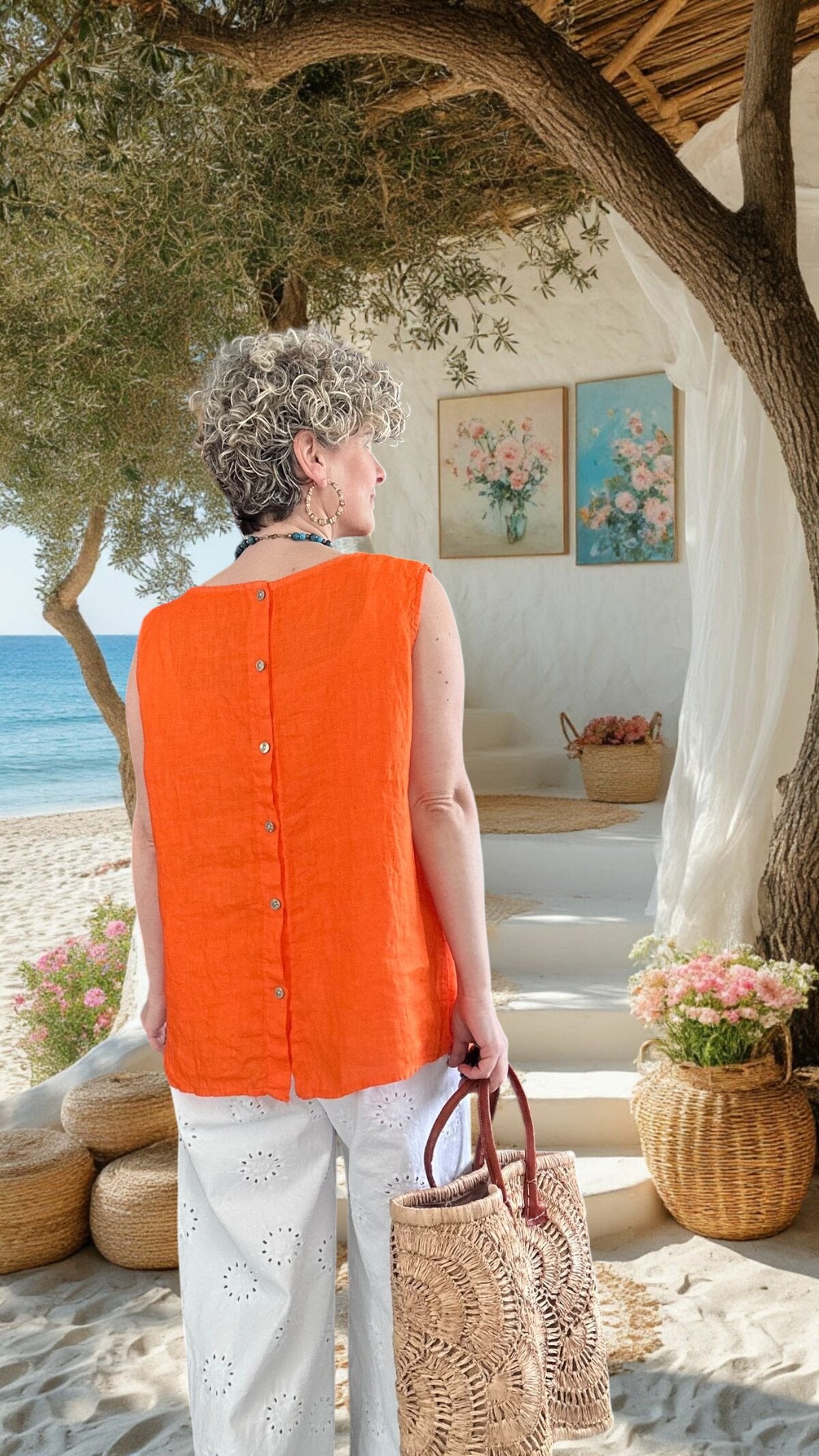 Nuvvo İthal %100 Linen Sırt Düğmeli Asimetrik Bluz Turuncu