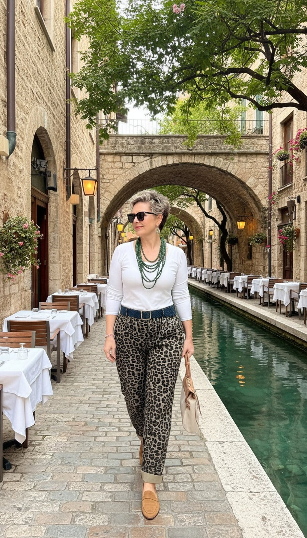 Oyyo İtalyan Deri Kemer Leopar Desen Pantolon Kahverengi