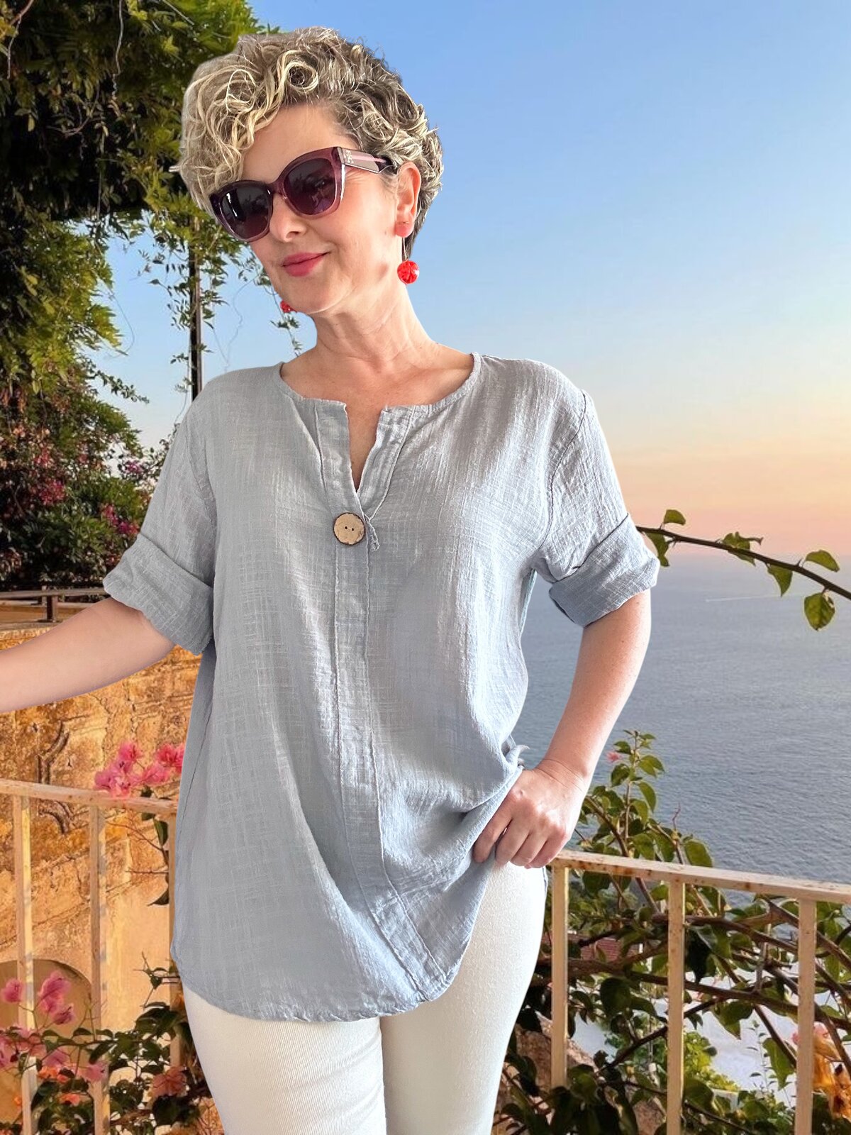 Peppino İtalyan Tahta Düğme Detay Bluz Açık Gri