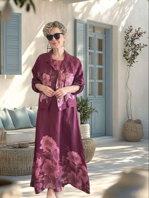 Perro | İthal %100 Linen Ceket & Kolsuz Elbise Takımı Bordo