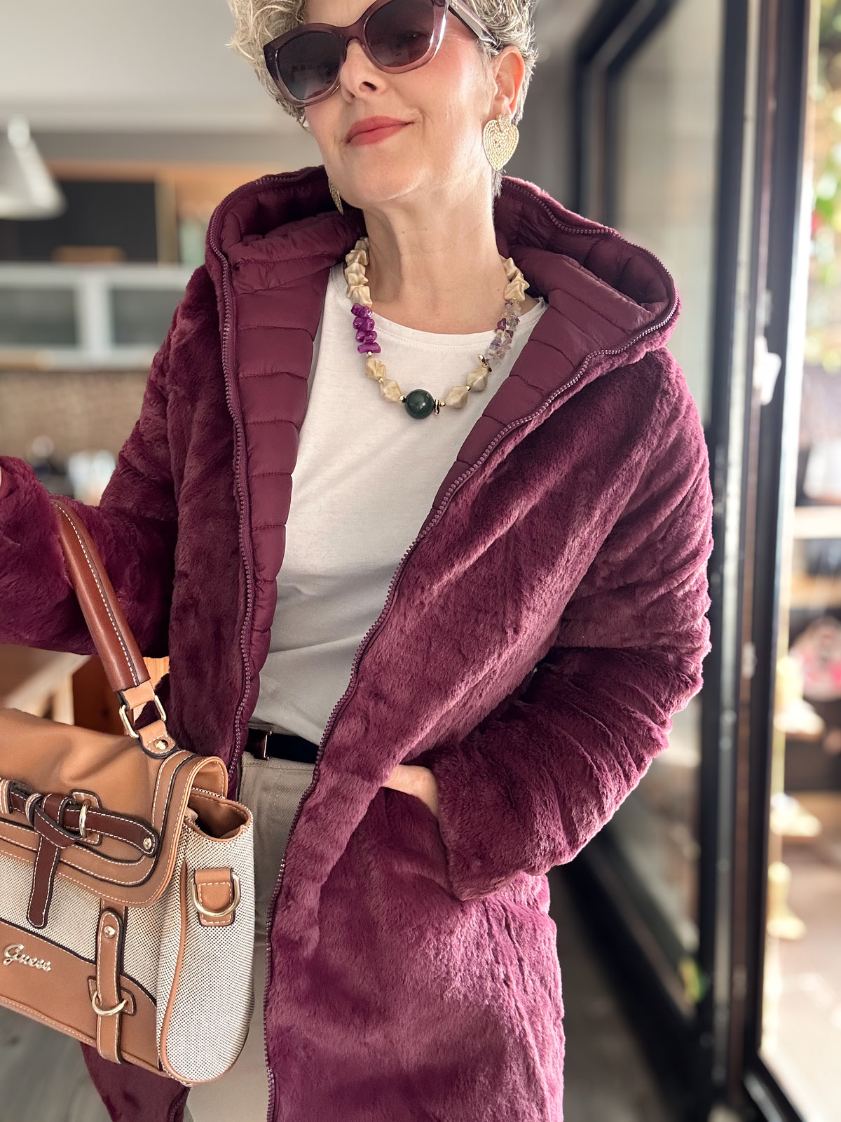Ping İthal Çift Taraflı Anorak Peluş Uzun Mont Bordo