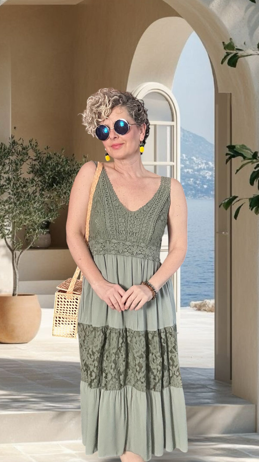 Pizzo İtalyan Brode İşlemeli Elbise Haki